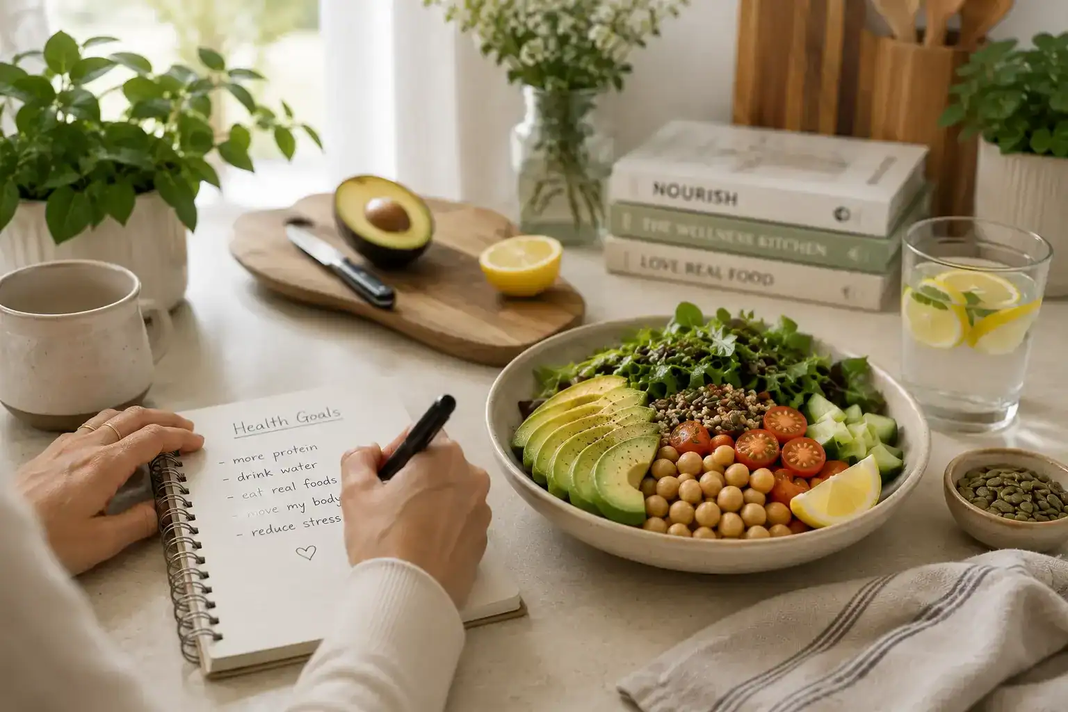 GLP-1 Nutrition Support, Woman Writing with bowl of healthy food on the table